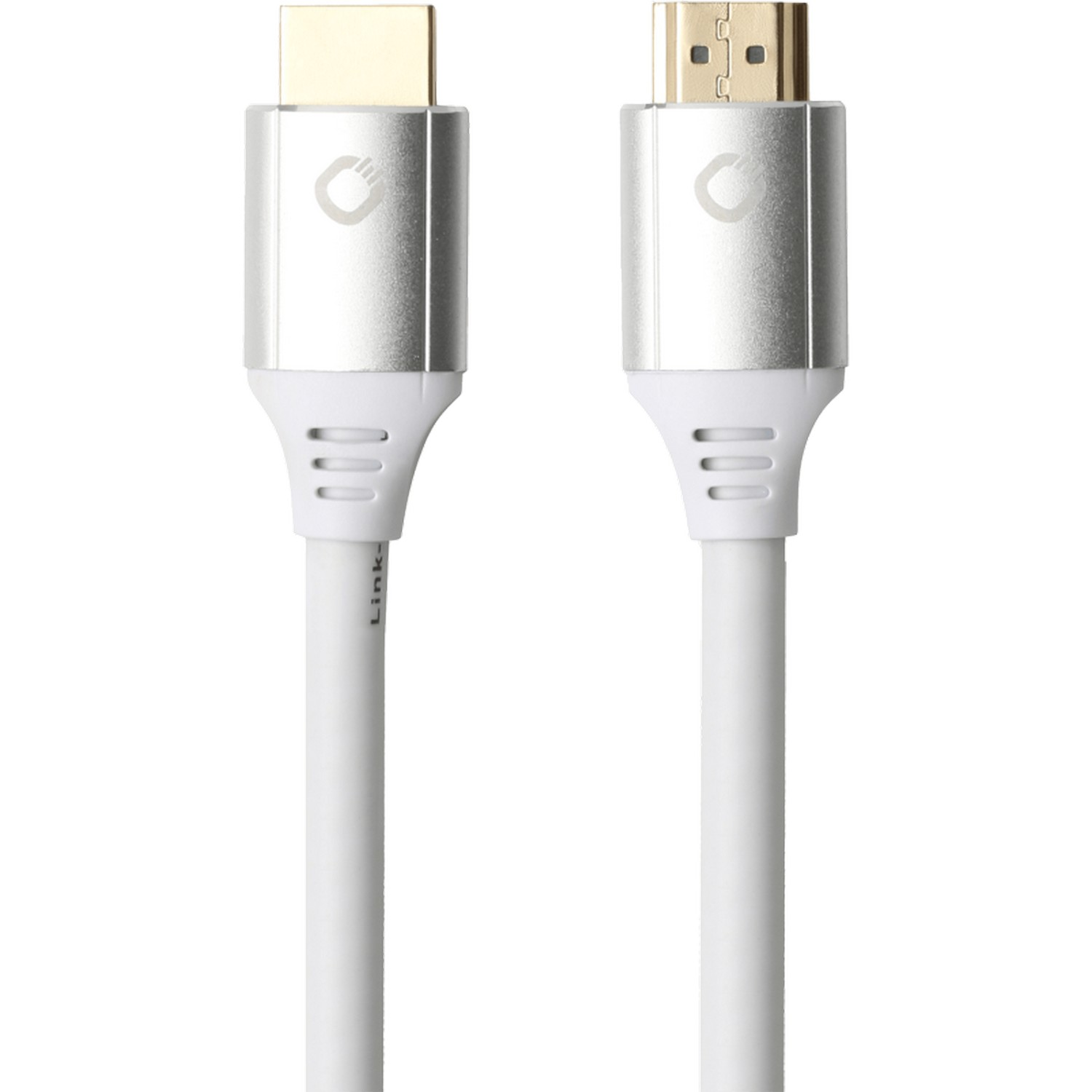 Twee witte HDMI-kabels met zilveren connectoren, op een witte achtergrond.