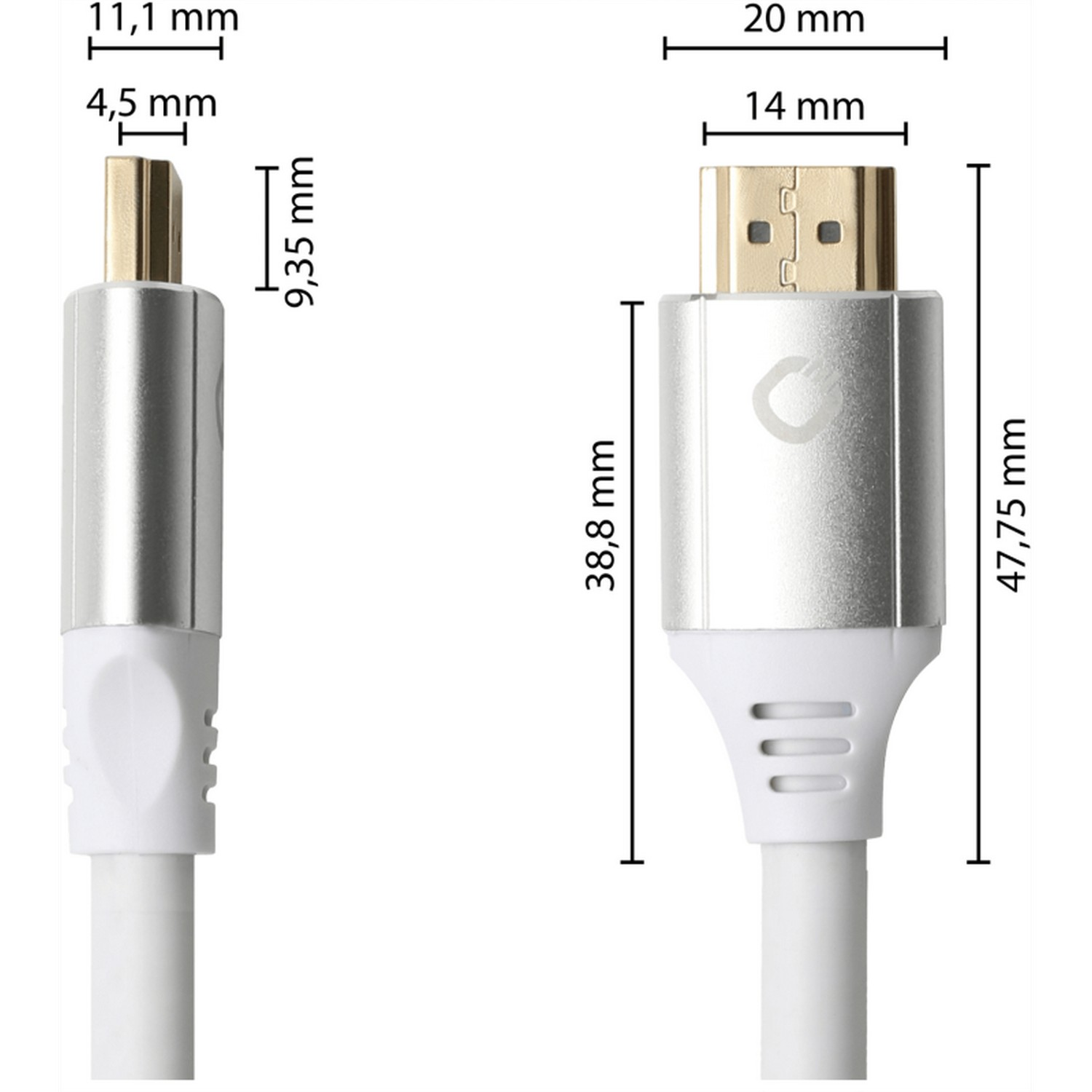 Close-up van HDMI- en Mini DisplayPort-connectoren met afmetingen aangegeven.