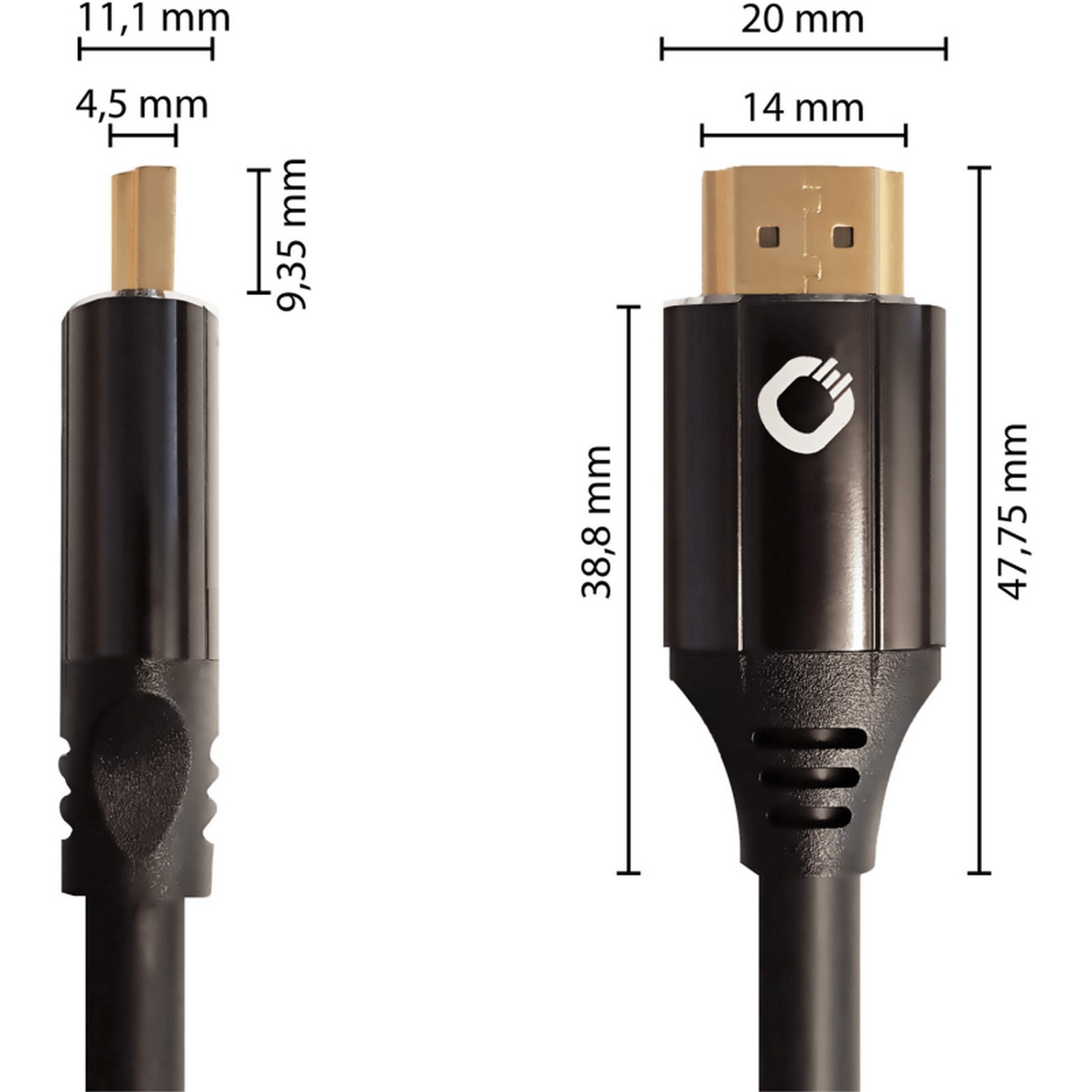 Câble HDMI avec dimensions affichées. Câble noir avec connecteurs dorés et mesures blanches.