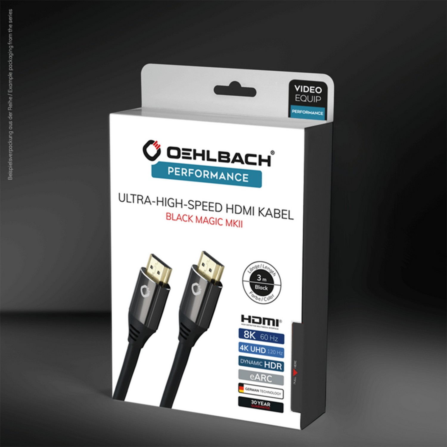 Boîte de câble HDMI Oehlbach. Boîte blanche avec informations sur le produit et illustrations de câble. Black Magic MKII.