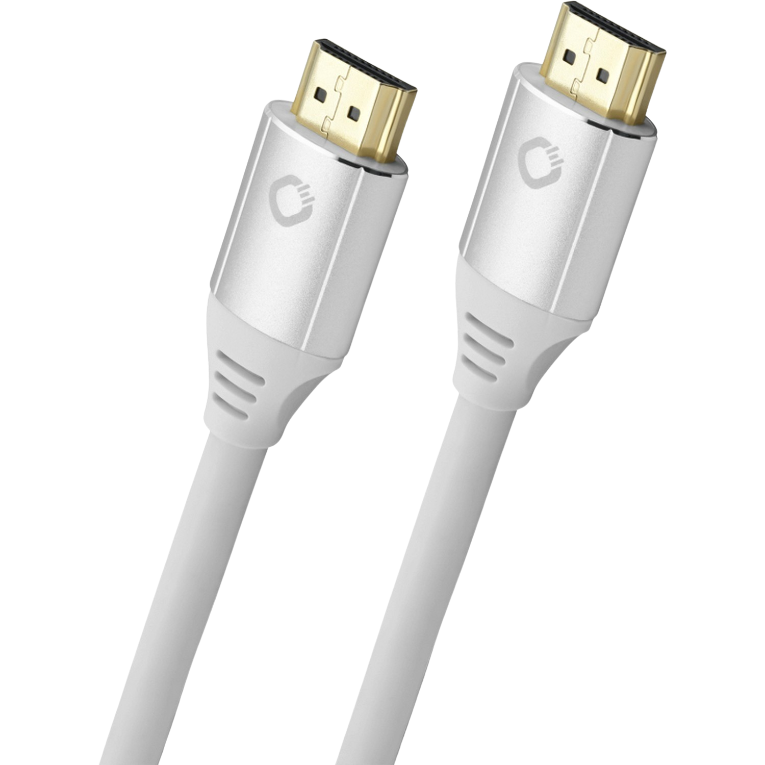 Deux câbles HDMI argentés avec connecteurs dorés. Les câbles sont sur fond noir.