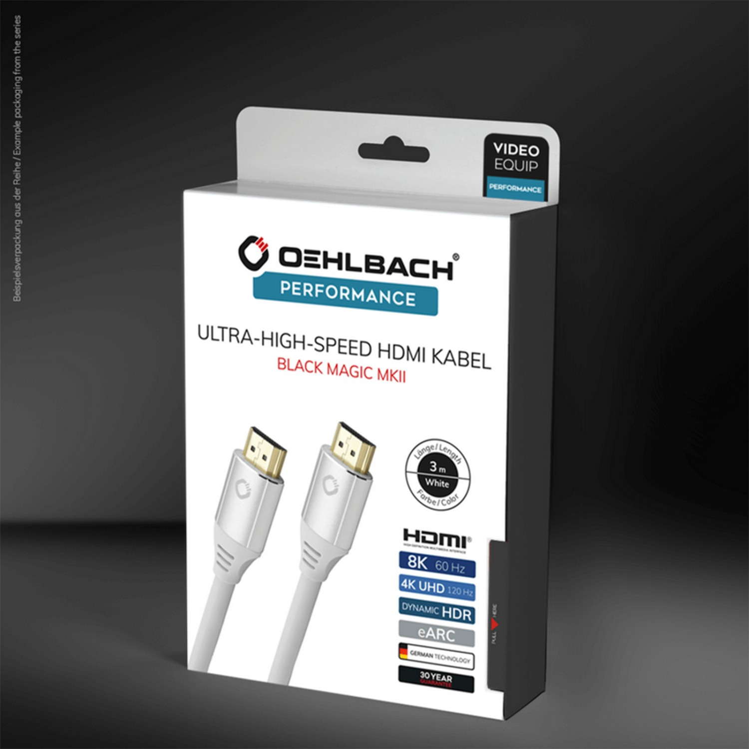 Boîte de câble HDMI blanche. Câbles blancs avec connecteurs argentés, et la boîte a du texte.
