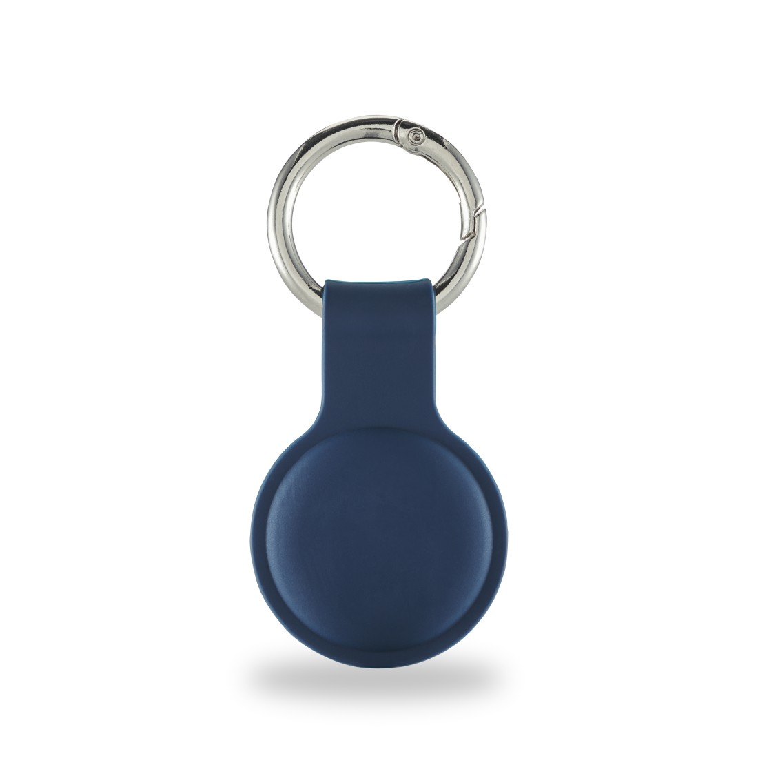 Eine marineblaue AirTag-Hülle mit einem silbernen Schlüsselring.