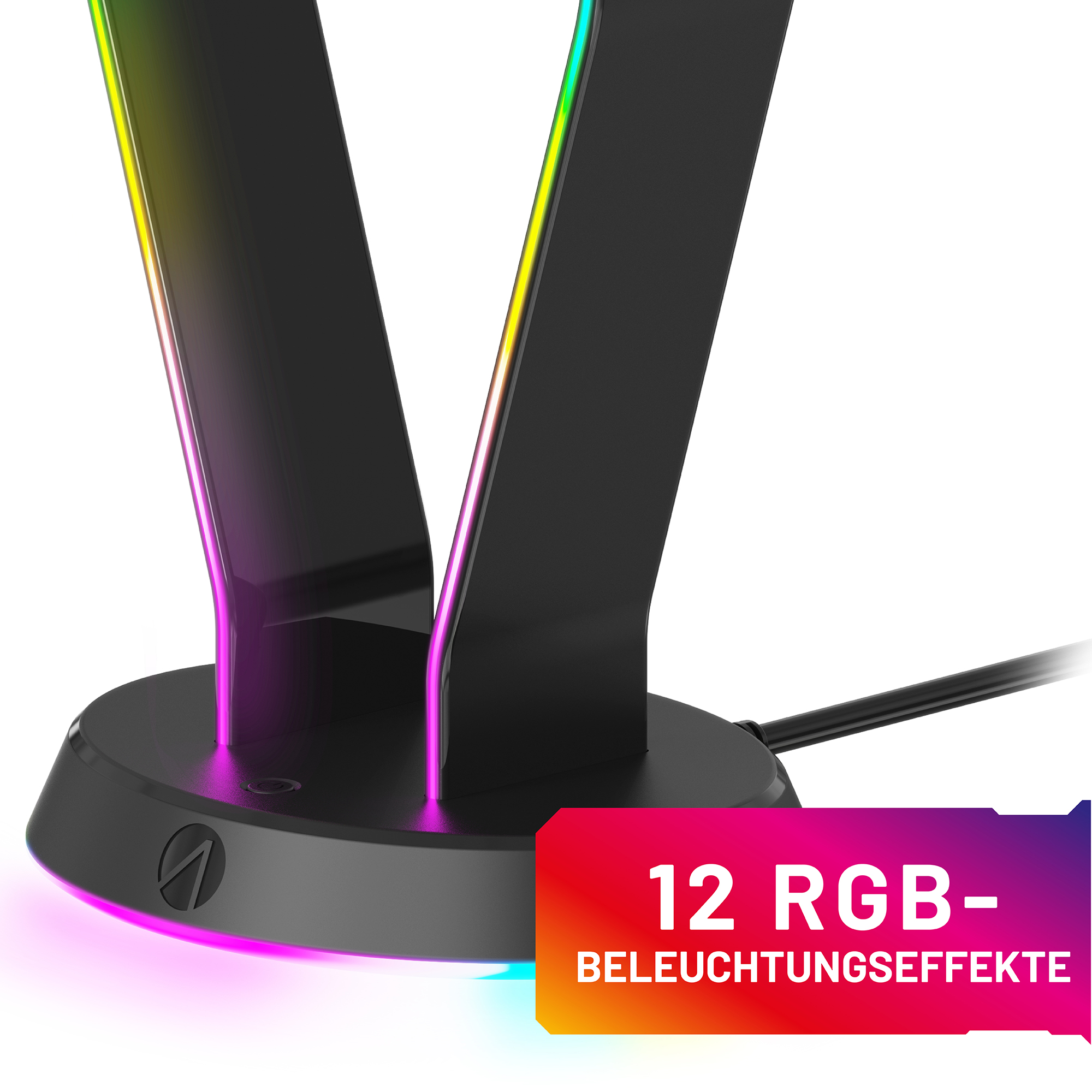 Schwarzer Ständer mit bunten Lichtern.