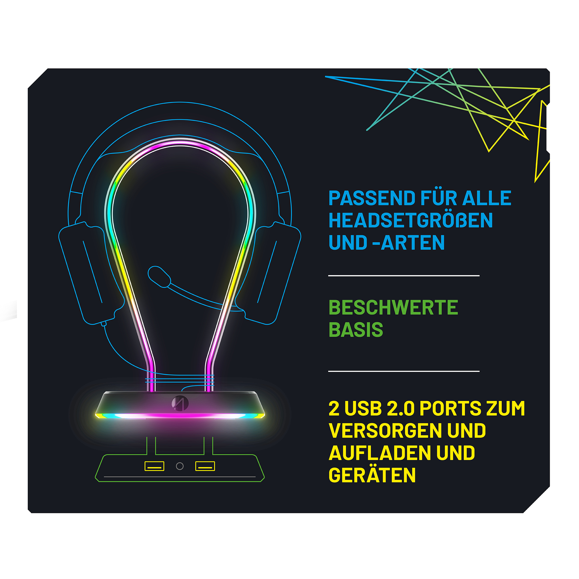 Ein Gaming-Kopfhörerständer mit LED-Leuchten und zwei USB-Anschlüssen auf schwarzem Hintergrund.