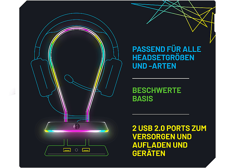 Thumbnail - STEALTH LED Headset Ständer mit USB Ports, Ständer, Schwarz