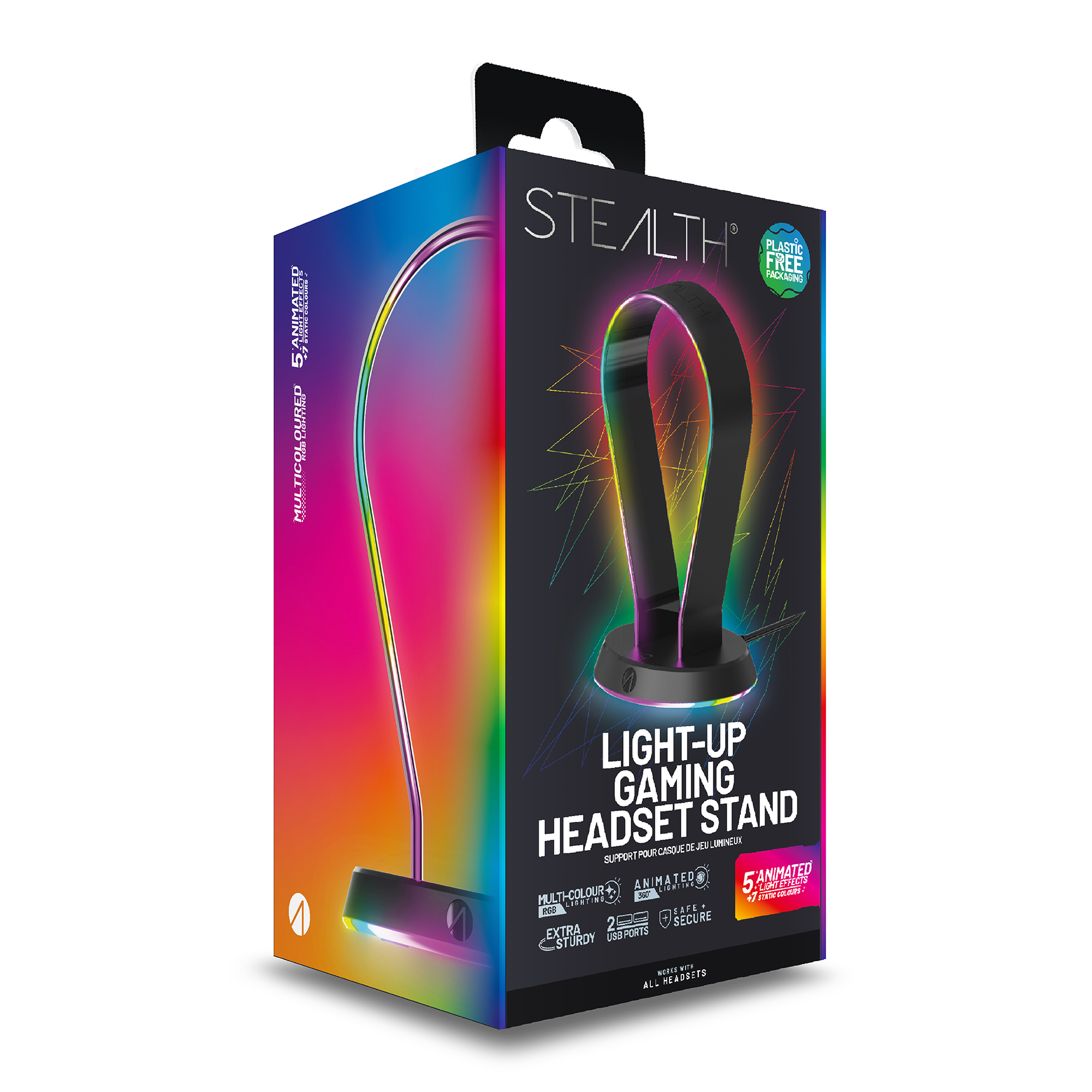 Eine bunte Headset-Ständerbox mit Headset-Bild und Produktinformationen.