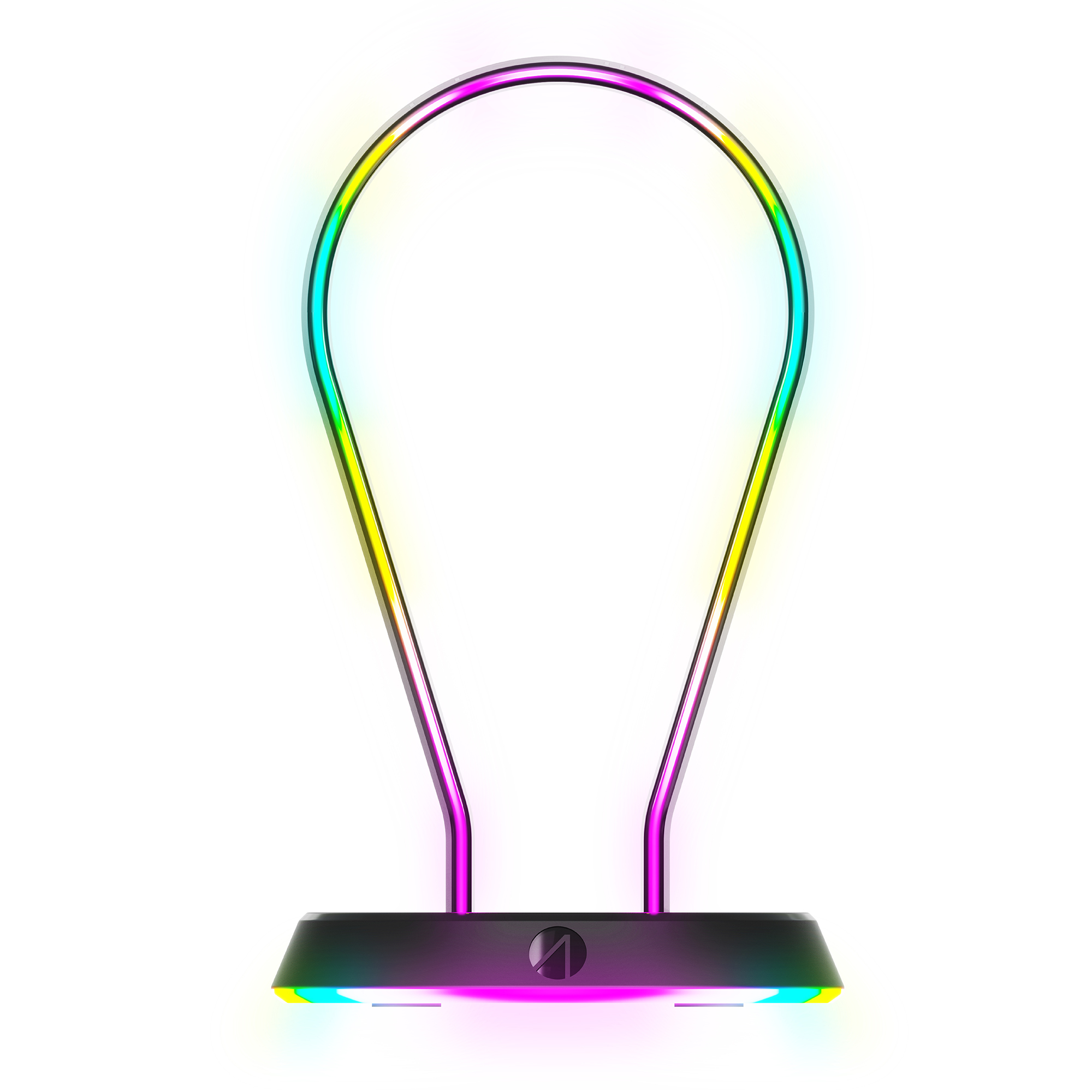 Eine gebogene Metalllampe mit mehrfarbigem LED-Licht steht auf einem schwarzen Sockel. Die Form ist U-förmig.