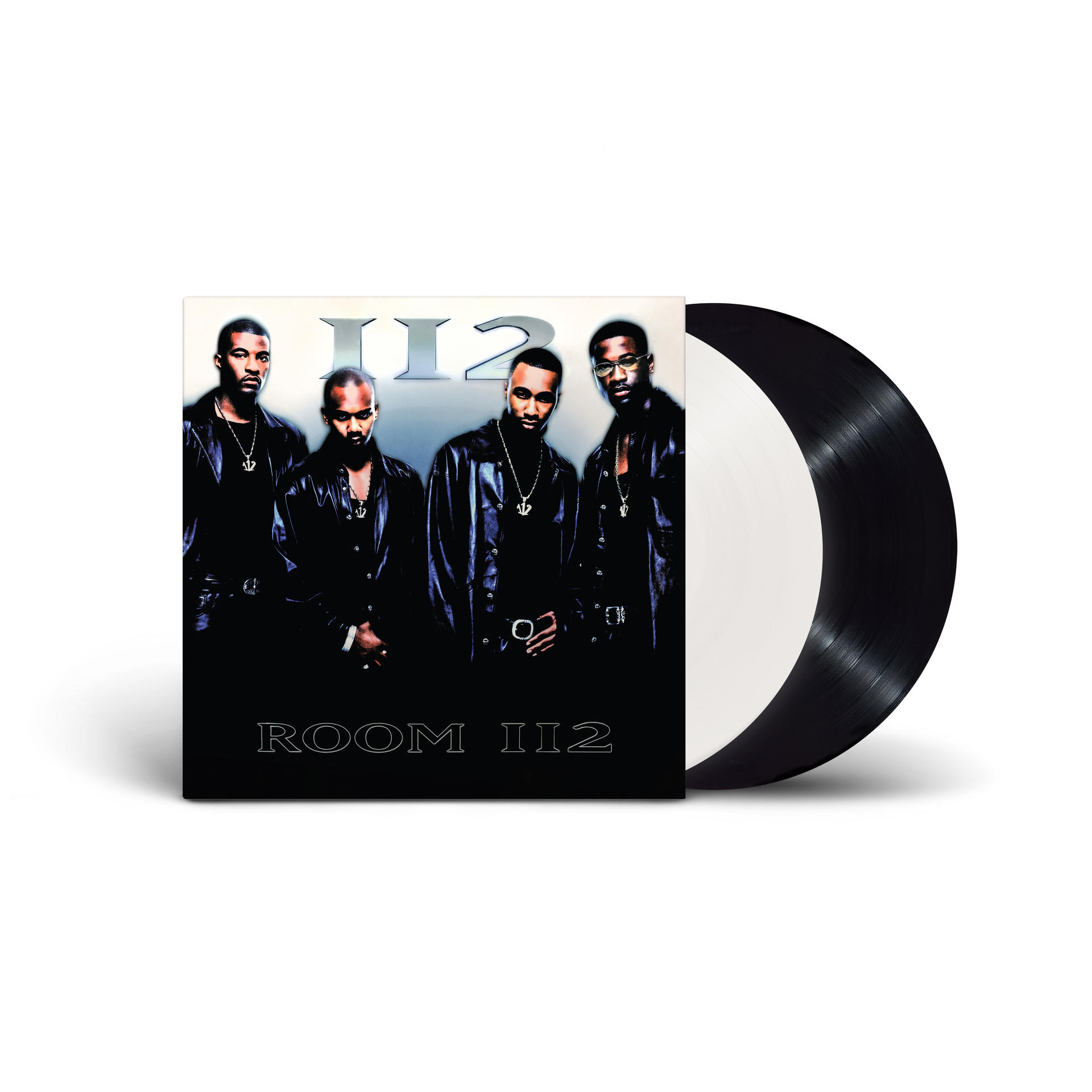 Albumcover mit vier Männern in Schwarz. Albumtitel ist Room 112. Eine schwarz-weiße Schallplatte rechts.