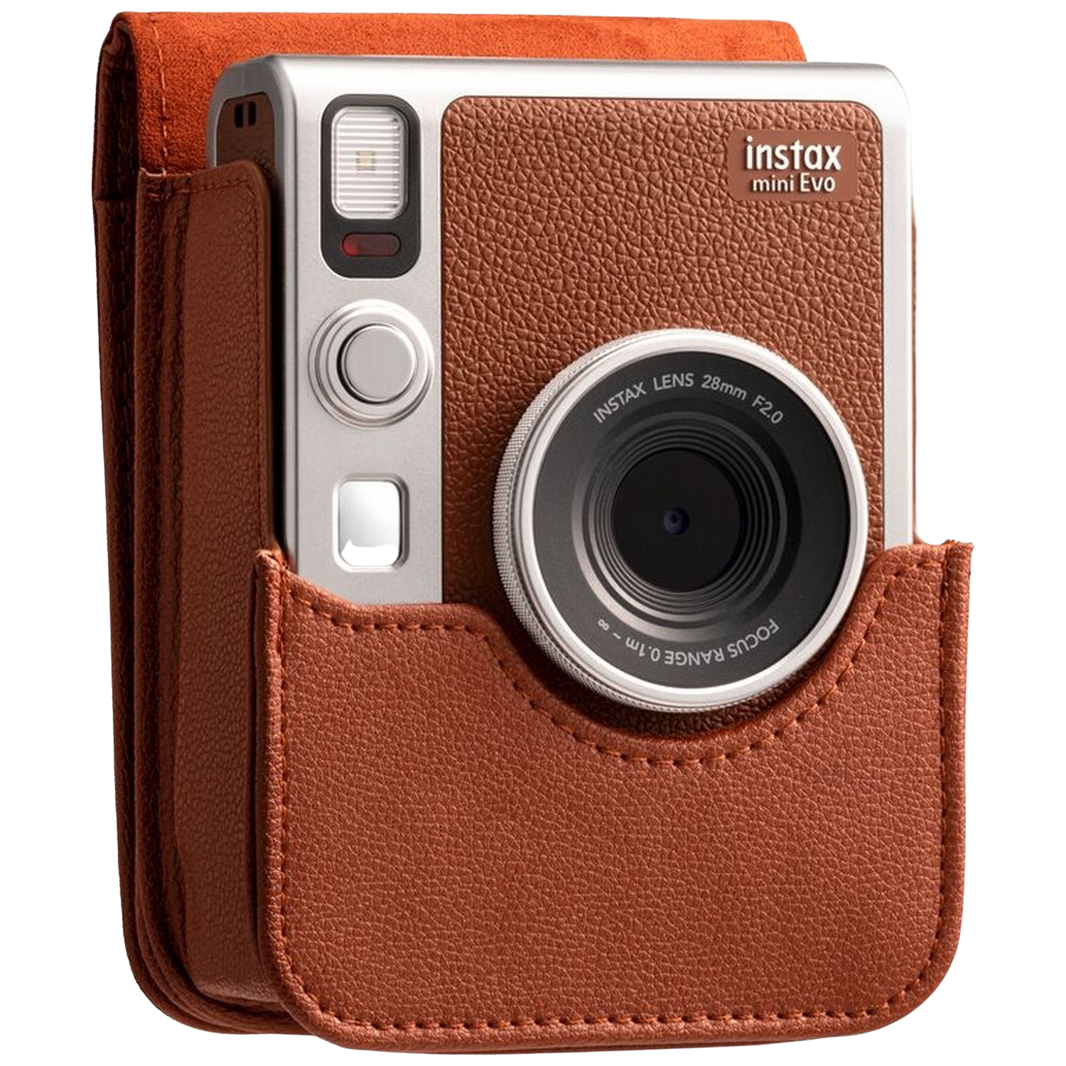 Brown leather Instax Mini Evo camera in a matching case, with lens and screen visible.