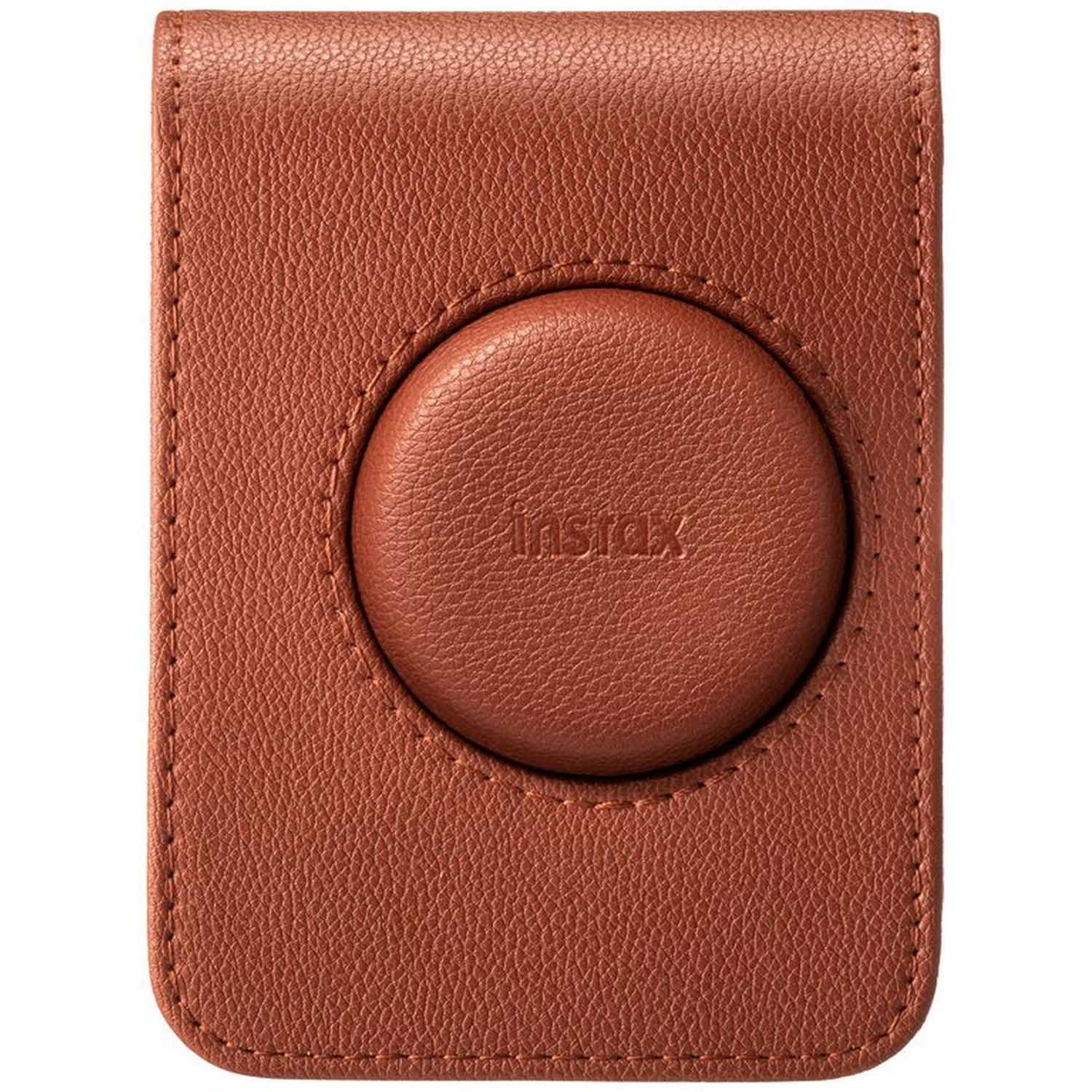 A brown leather Instax camera case with a circular button and visible stitching.