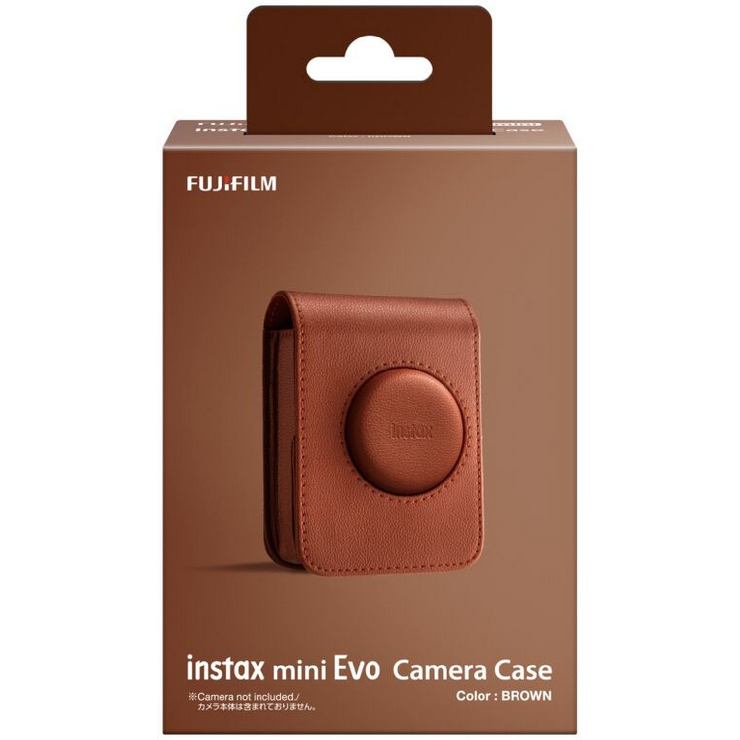 Brown camera case with the brand FUJIFILM. The case is for instax mini EVO Camera. Brown background.