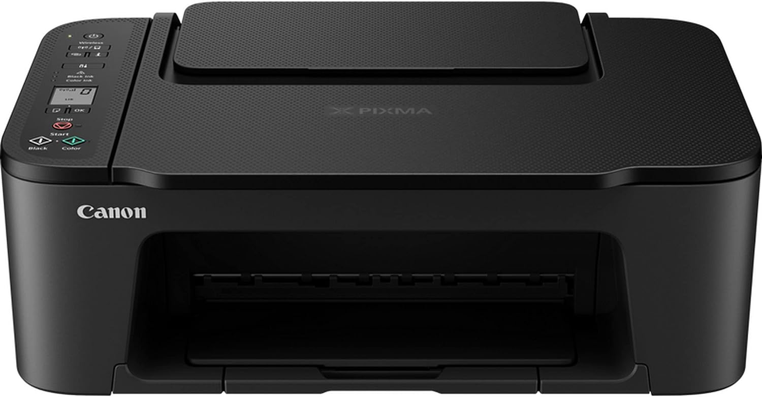 Schwarzer Canon Pixma Drucker. Oberseite hat einen Scanner, Knöpfe und ein Papierausgabefach.