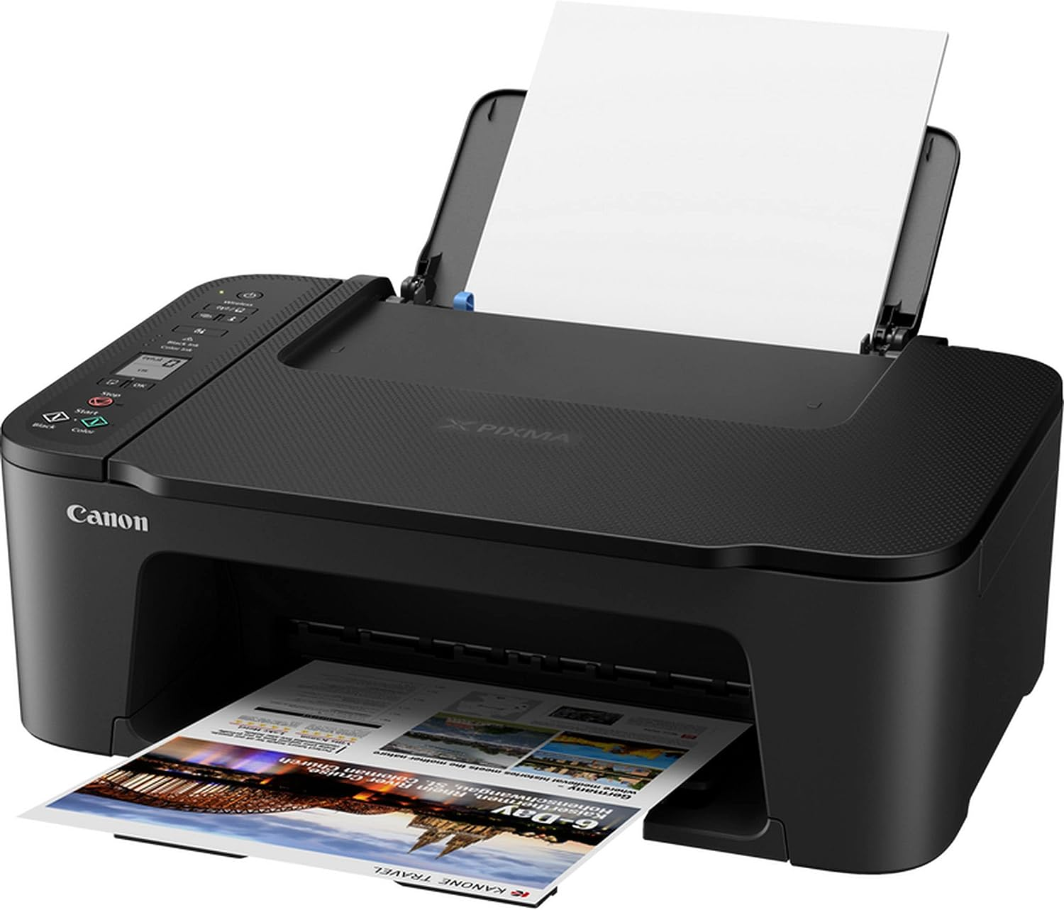 Schwarzer Canon-Drucker druckt Dokument. Offene Oberseite mit gedruckter Seite sichtbar.