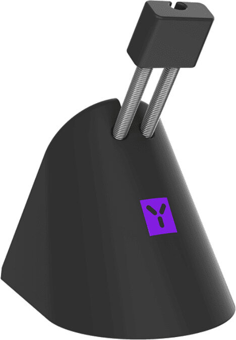 Czarny bungee do myszy. Łukowaty kształt ze sprężynami. Fioletowe logo. Dwie sprężyny.