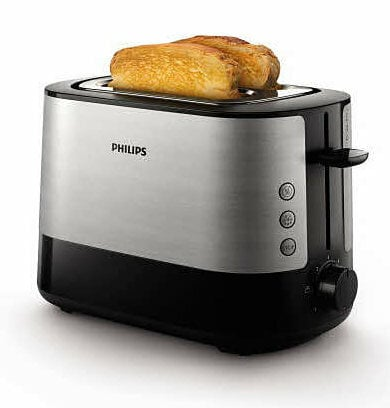Srebrny i czarny toster Philips z dwoma kromkami tostów.
