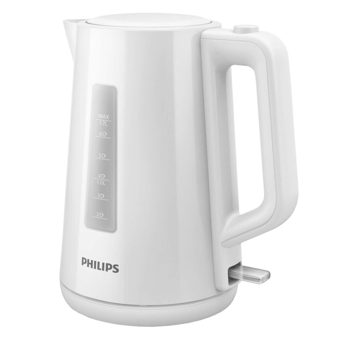 Biały czajnik elektryczny z uchwytem, wskaźnikiem poziomu wody i logo Philips.