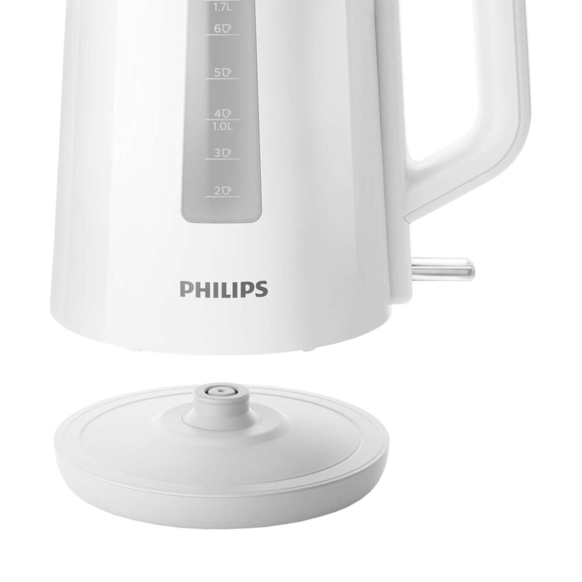 Biały czajnik elektryczny Philips. Podstawa jest odłączona, pokazując skalę i logo marki.