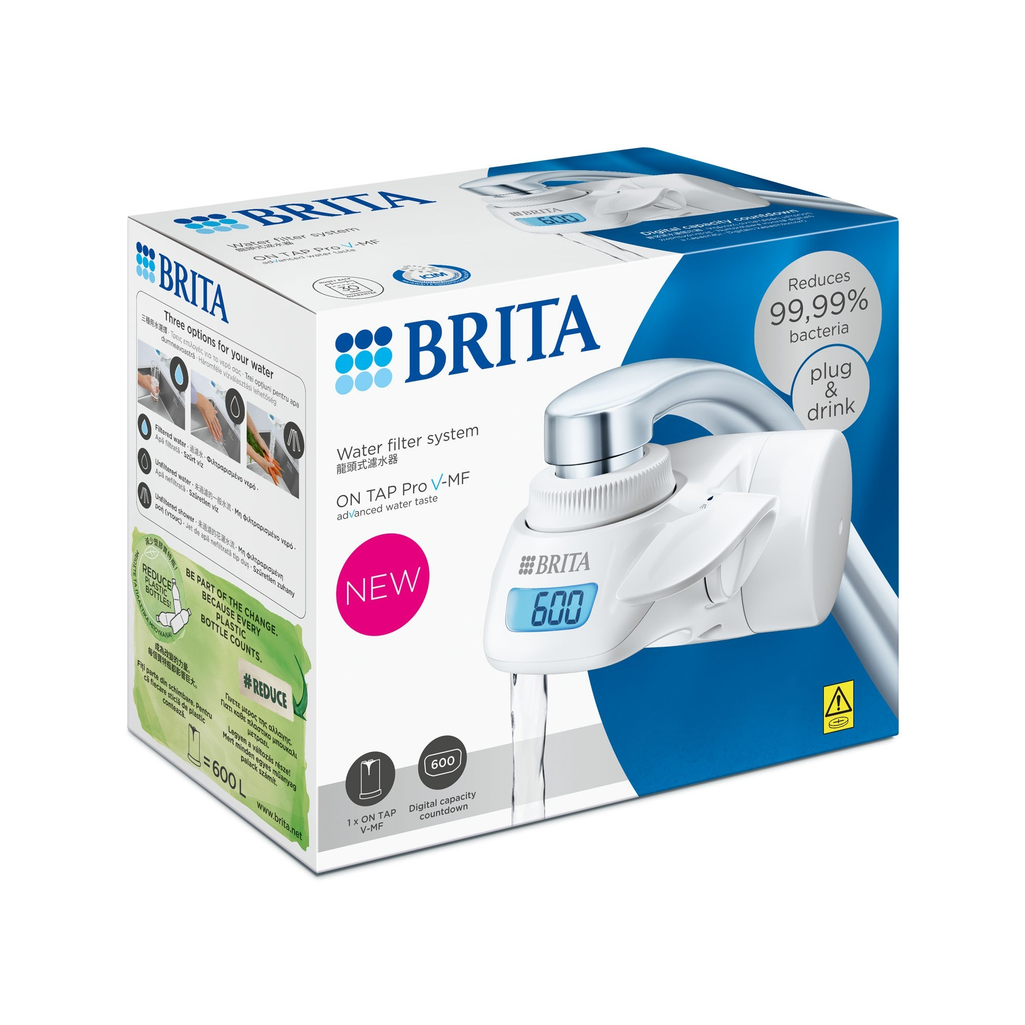 Brita vízszűrő rendszer doboza szűrővel és digitális kapacitásszámlálóval.