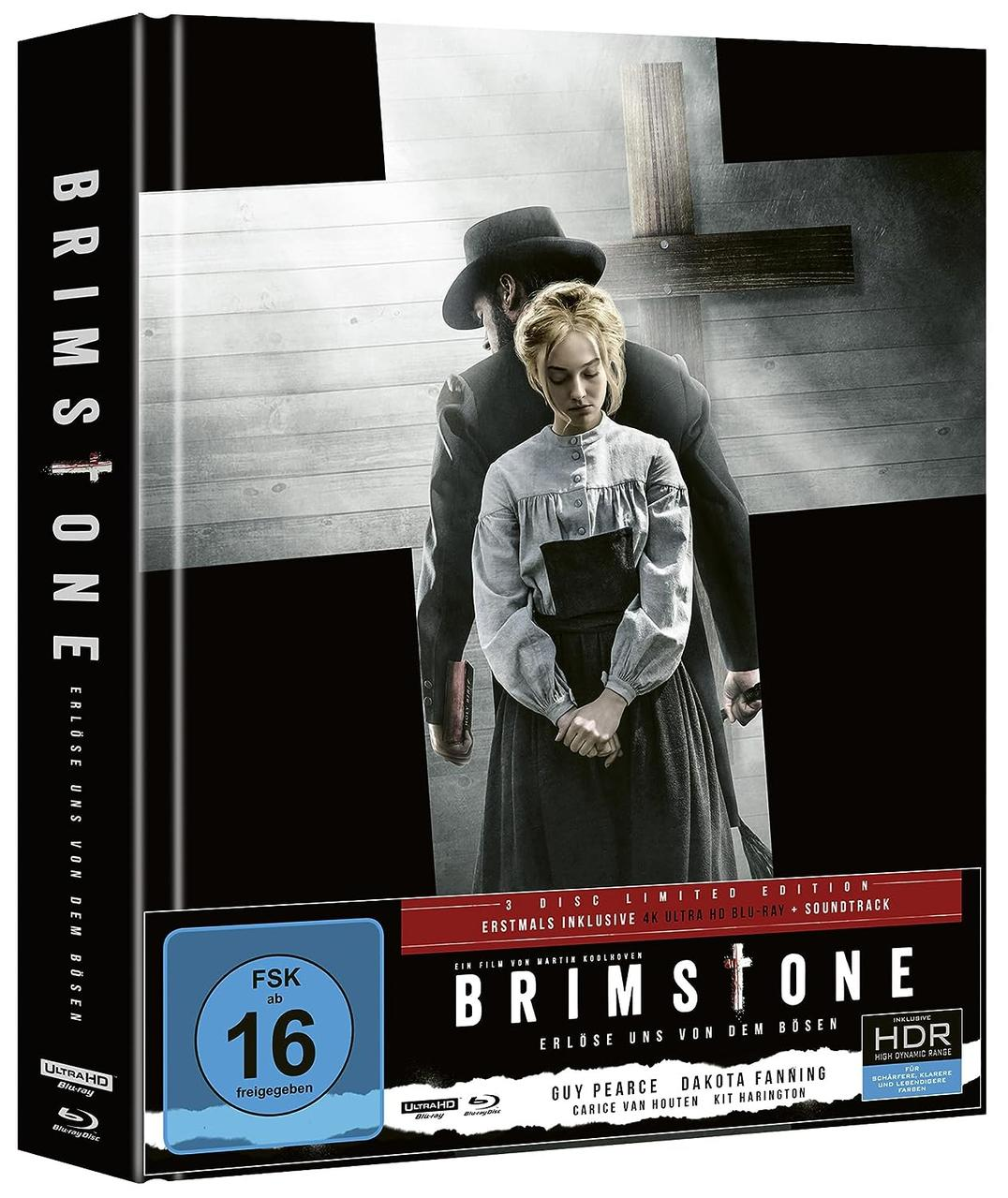 DVD-Hülle für 'Brimstone'. Cover zeigt Mann, Frau und Kreuz.