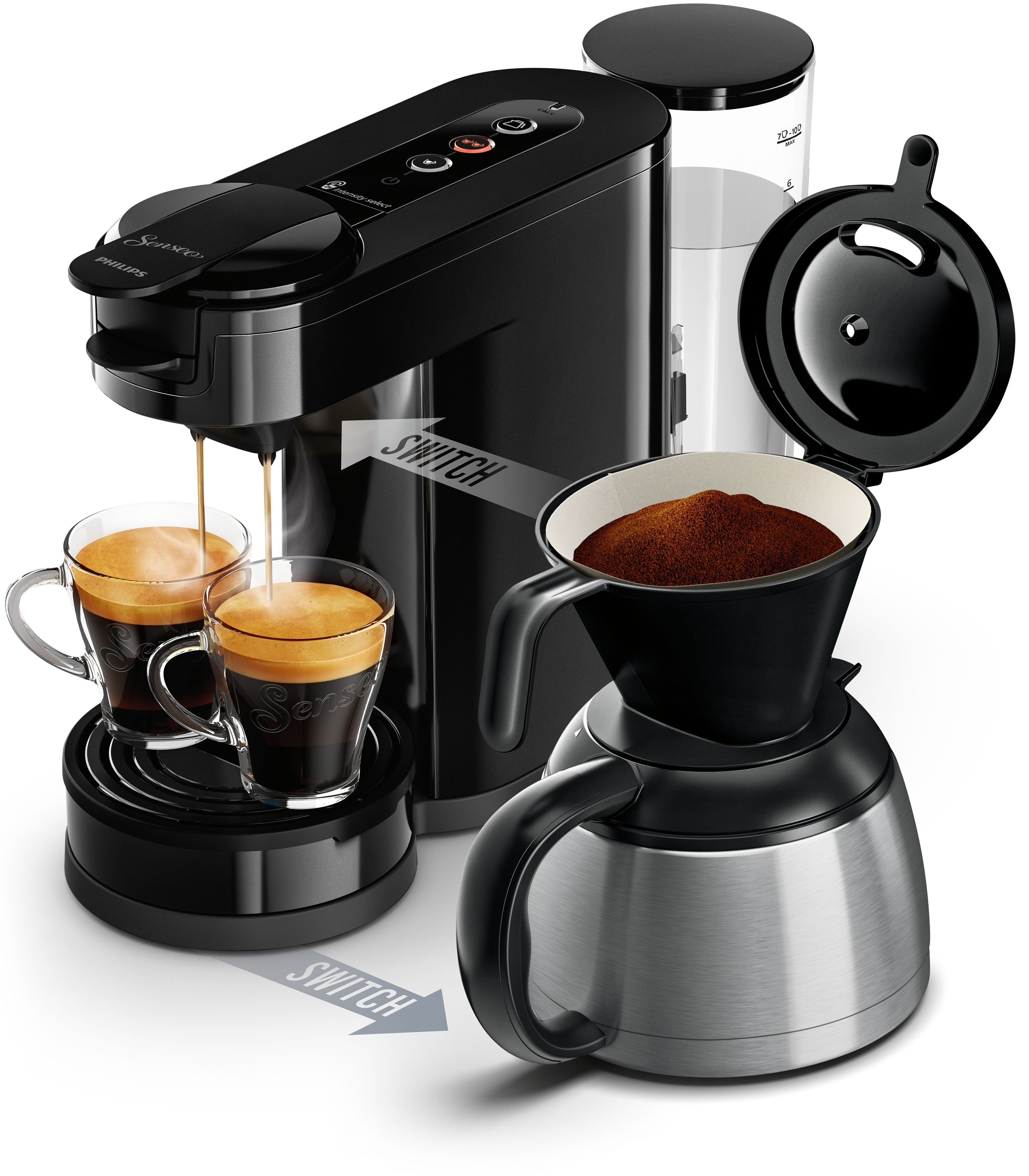 Eine Kaffeemaschine und Zubehör. Kaffee fließt in zwei Gläser.