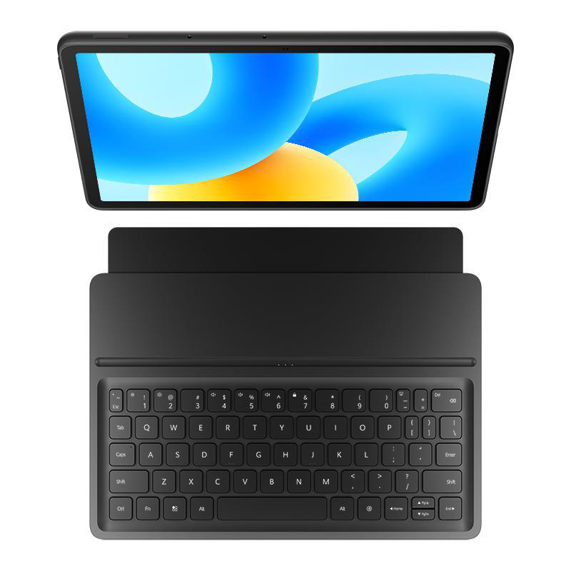 Ein Tablet mit abnehmbarer Tastatur. Der Tablet-Bildschirm zeigt ein blaues und gelbes abstraktes Bild.