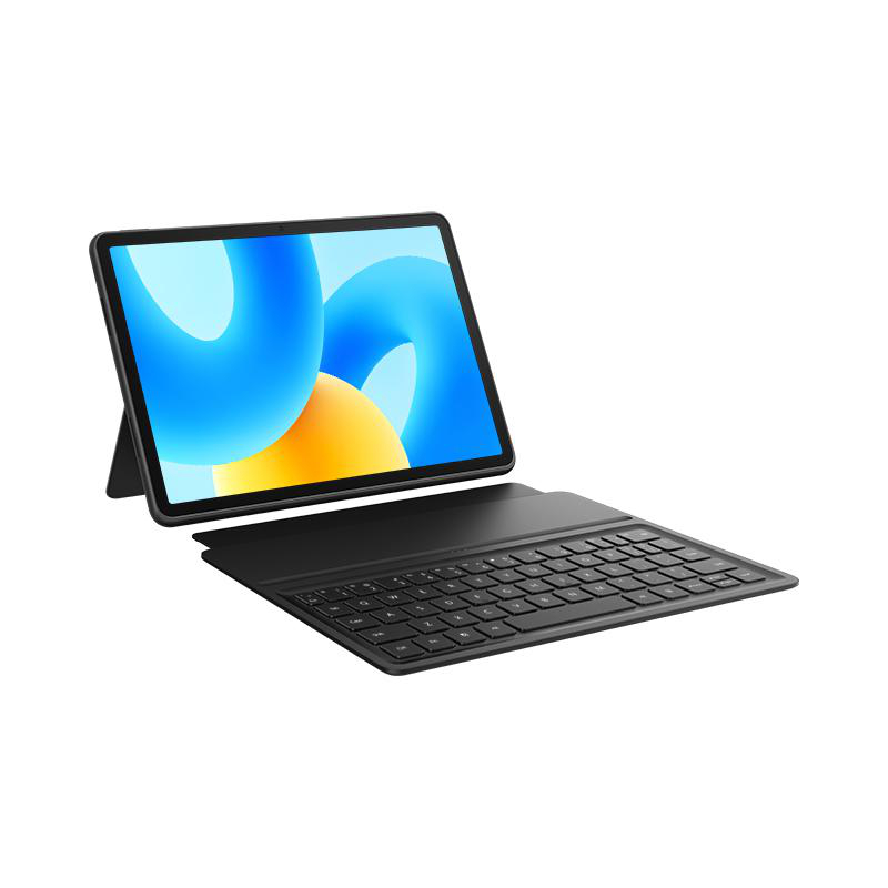 Ein schwarzes Tablet mit abnehmbarer Tastatur, das ein farbenfrohes abstraktes Bild zeigt.