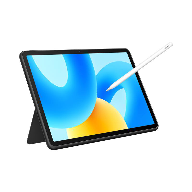 Ein Tablet mit Stift auf einem Ständer. Der Bildschirm zeigt ein blaues und gelbes abstraktes Design.