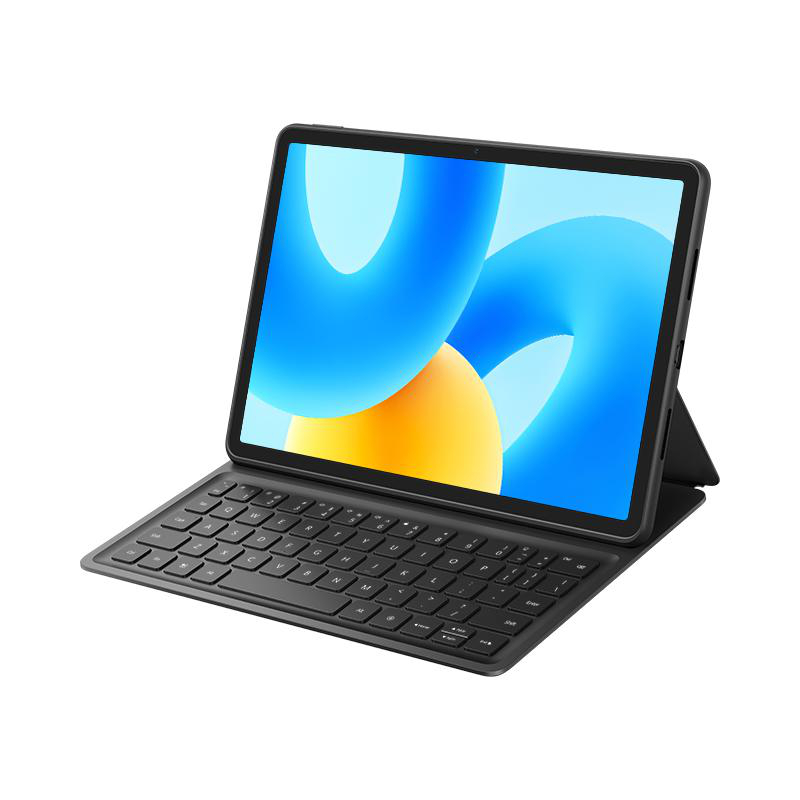 Ein Tablet mit Tastaturhülle und blau-gelbem abstraktem Hintergrund auf dem Bildschirm.