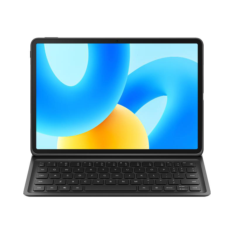 Schwarzes Tablet mit Tastatur. Der Bildschirm zeigt blaue und gelbe abstrakte Formen.
