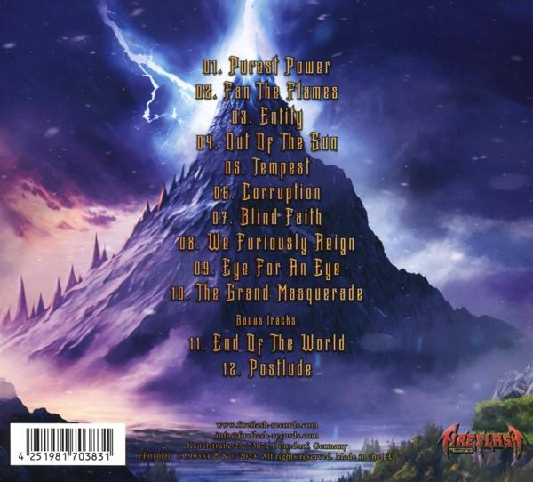 Albumcover mit Titelliste. Ein Berg-Hintergrund, Blitz und ein blauer Himmel.