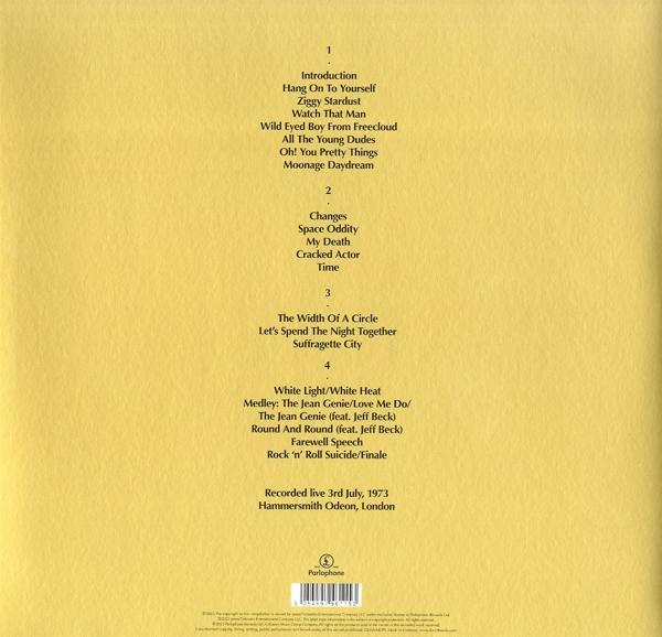 Rückseite des Albumcovers mit einer Liste von Songs und Credits. Text ist gelb auf hellem Hintergrund.