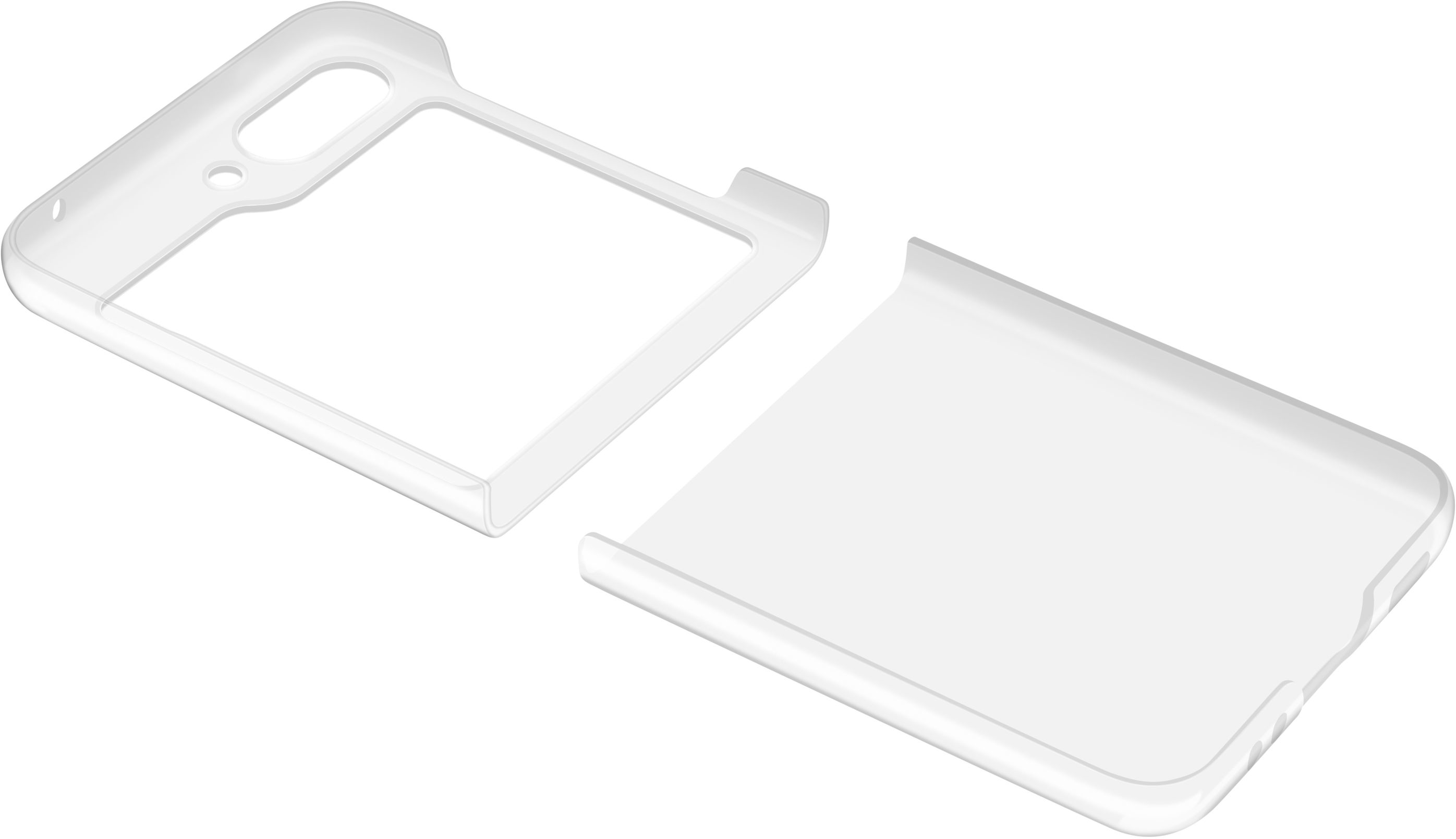 Zwei transparente Handyhüllen-Teile, getrennt. Draufsicht, weißer Hintergrund.