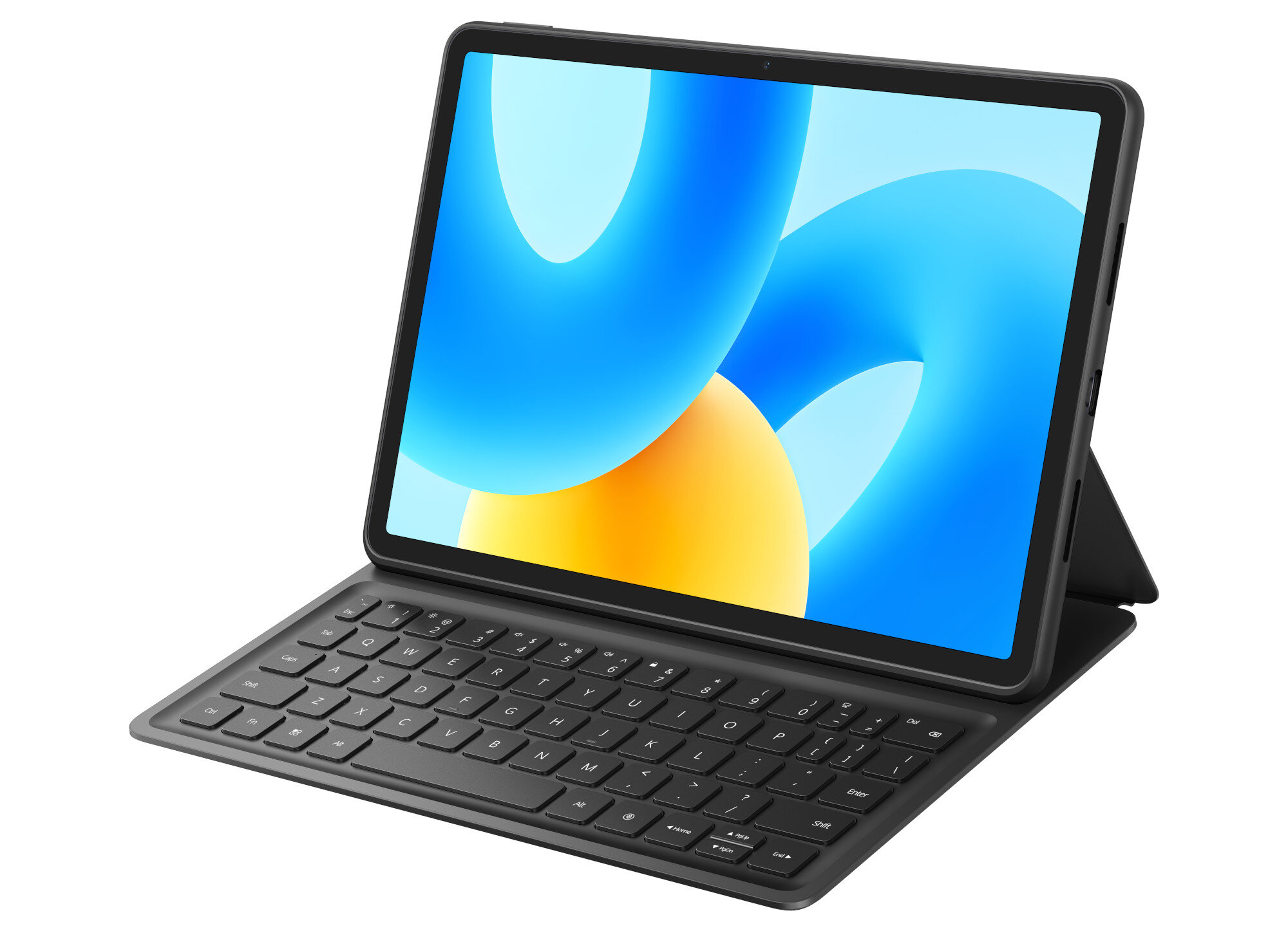 Czarny tablet z etui na klawiaturę, z niebiesko-żółtym abstrakcyjnym ekranem.