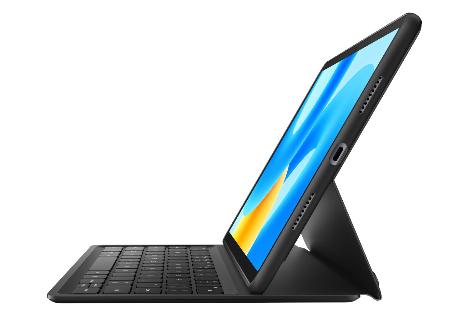 Czarny tablet w etui folio, ustawiony pod kątem na białym tle.