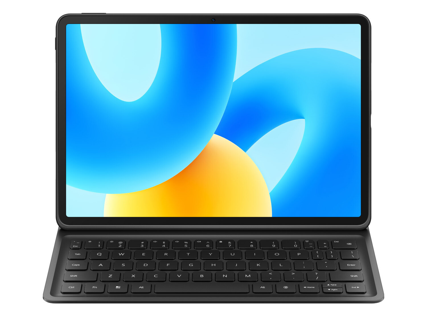 Tablet z klawiaturą, pokazujący kolorowy abstrakcyjny obraz na ekranie.