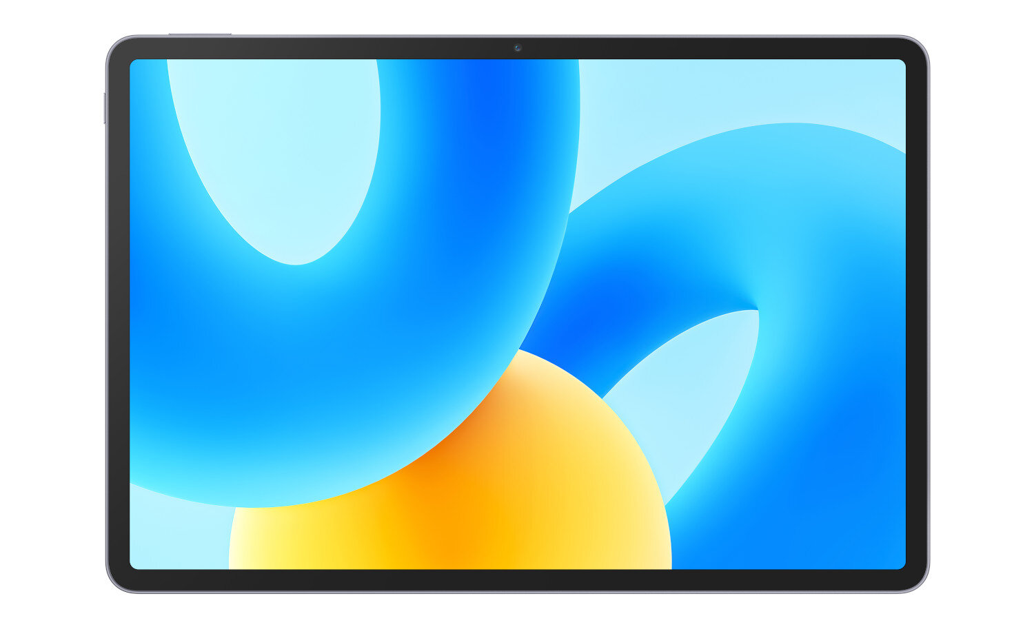 Tablet z niebiesko-żółtym abstrakcyjnym tłem. Jest srebrny z czarną obwódką.