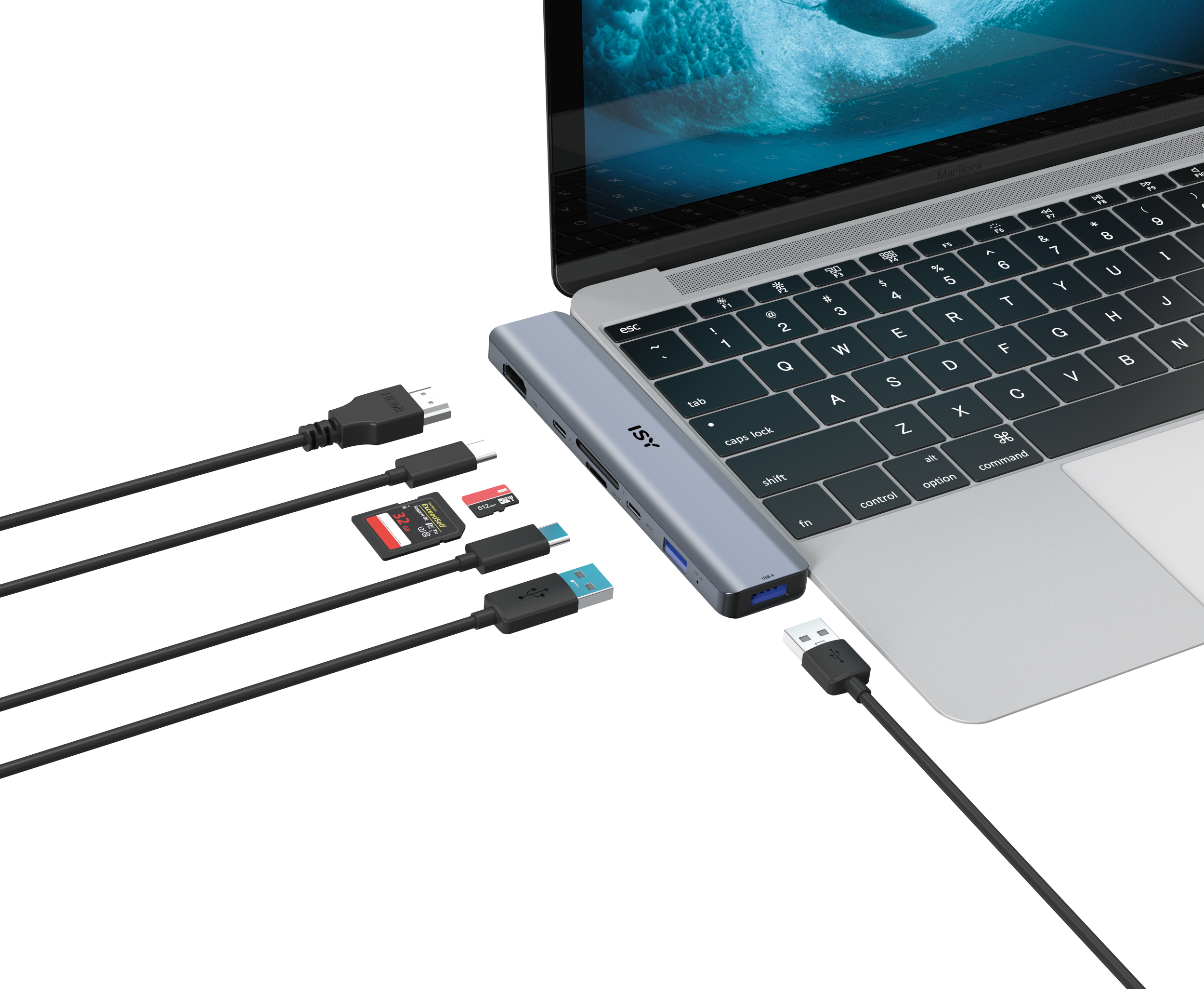 Laptop, der mit einem Hub mit USB-Kabeln und SD-Karten verbunden ist.