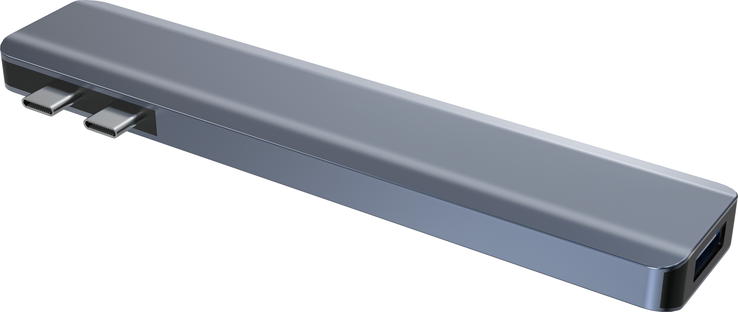 Silberner USB-C-Hub mit zwei USB-C-Anschlüssen und einem USB-Anschluss. Das Gerät befindet sich auf schwarzem Grund.