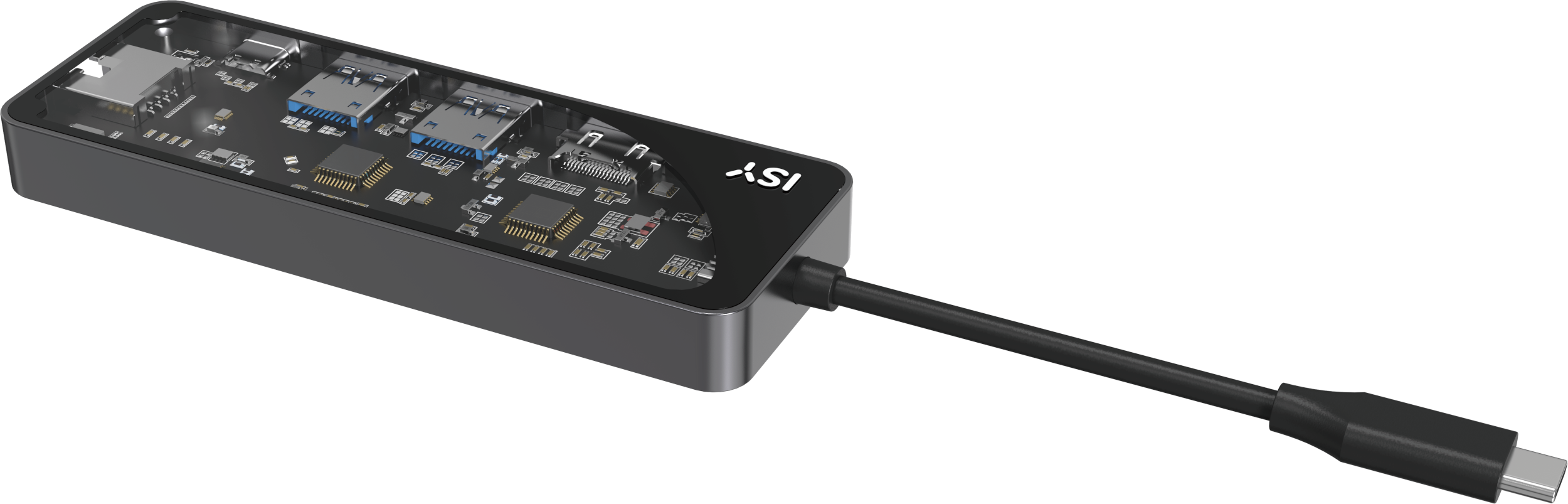 USB-C-Hub mit sichtbaren internen Komponenten. Der Hub verfügt über mehrere USB- und SD-Kartenanschlüsse.