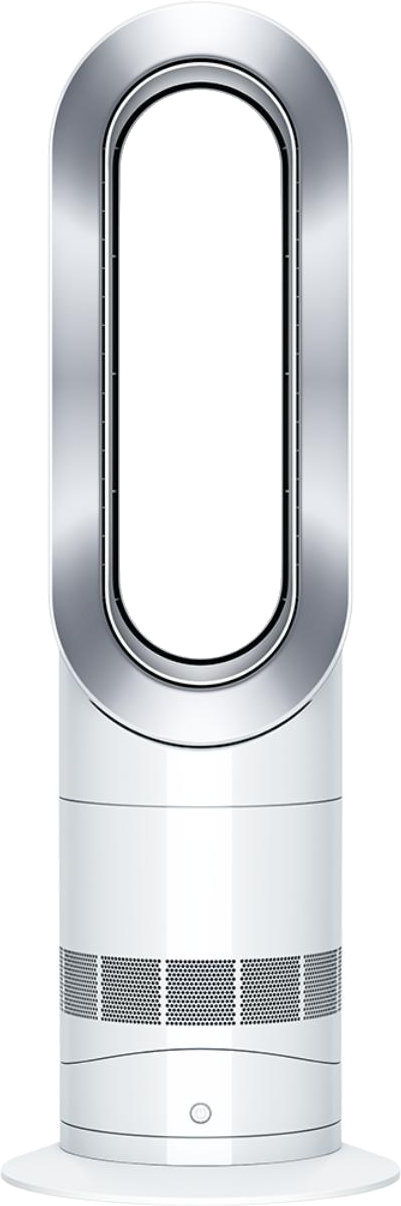 Weißer Dyson-Lüfter mit silbernem Ring, hohes zylindrisches Design und Basis mit Knöpfen.
