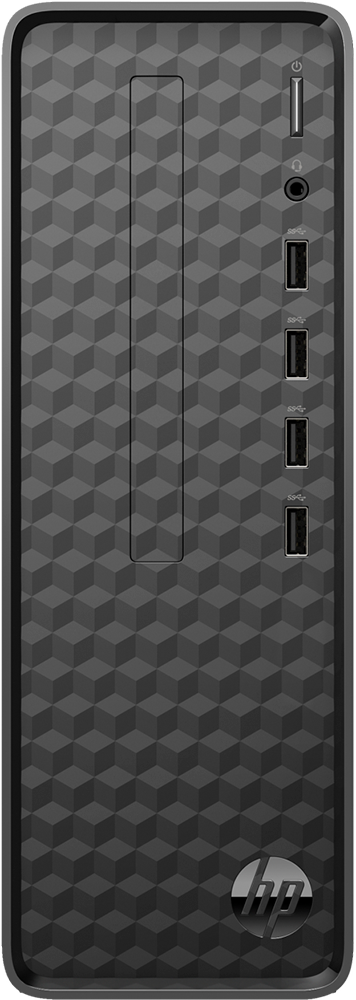 Tour PC noire. Vue de face, avec un motif imprimé, des ports et un bouton d'alimentation.