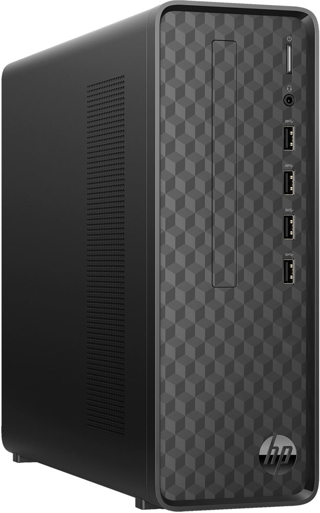 Ordinateur de bureau noir. L'avant présente un motif, avec des ports USB et une prise casque.
