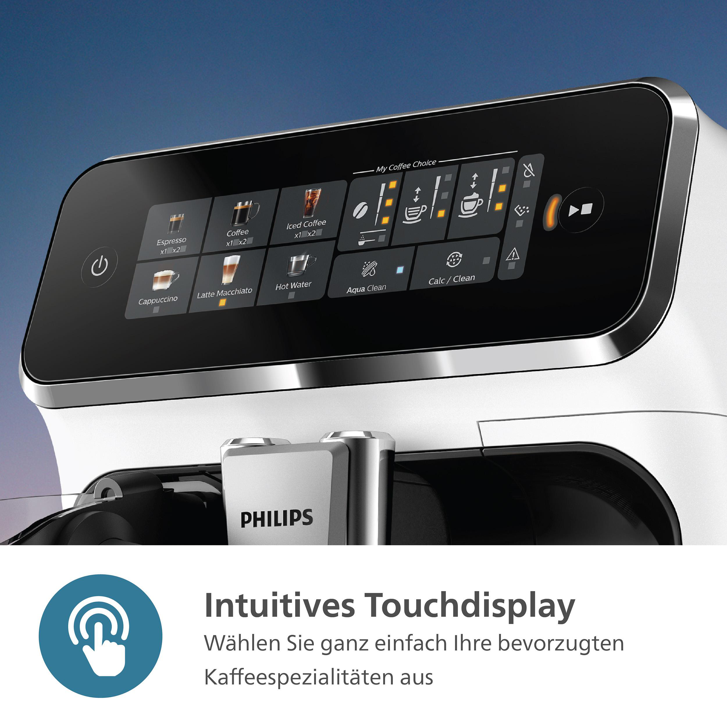 Kaffeemaschinenschnittstelle. Zeigt Kaffeeoptionen an. Weiße Maschine mit Touchscreen, blauem und dunklem Hintergrund.