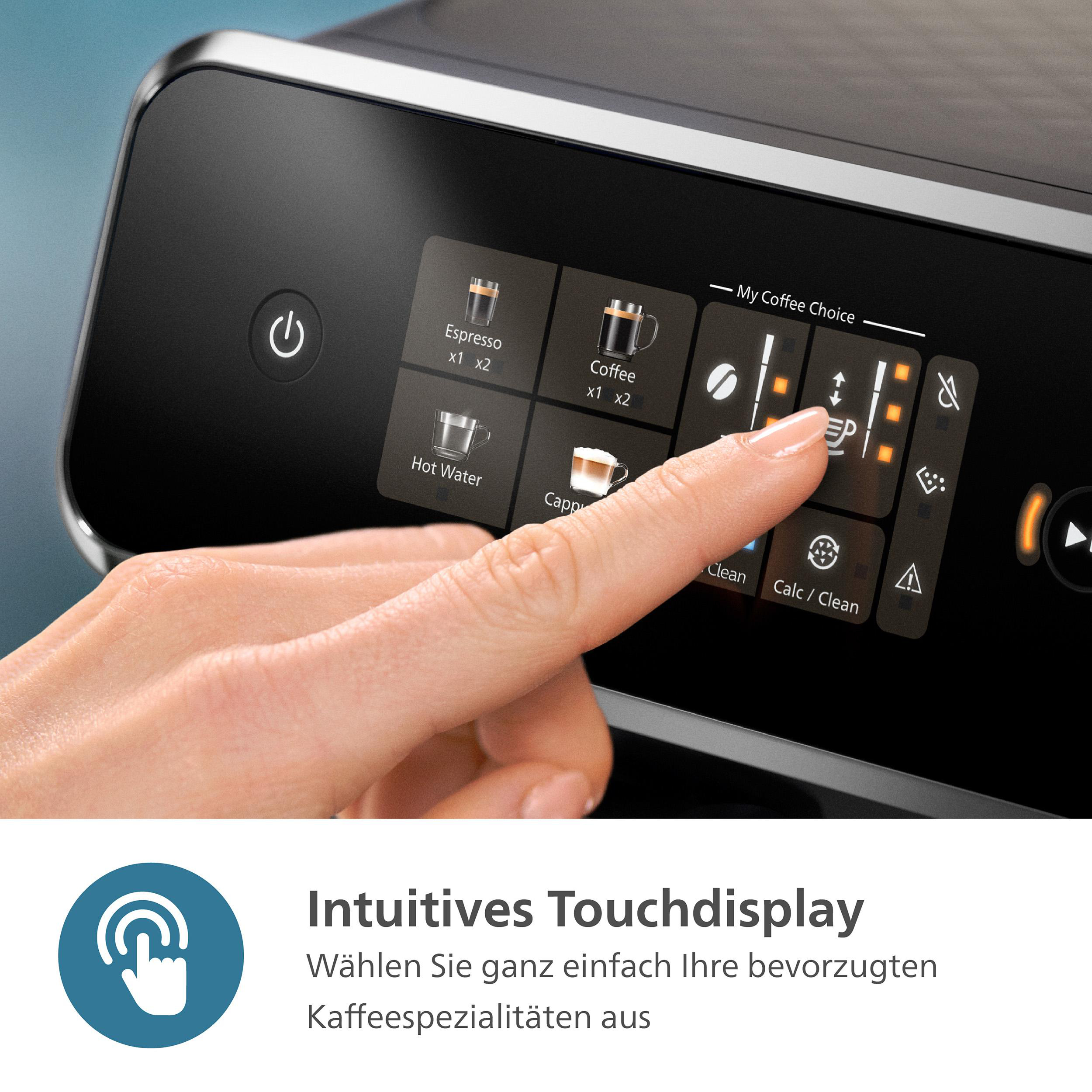 Eine Hand berührt den Touchscreen-Display einer Kaffeemaschine, Kaffe Optionen sichtbar.