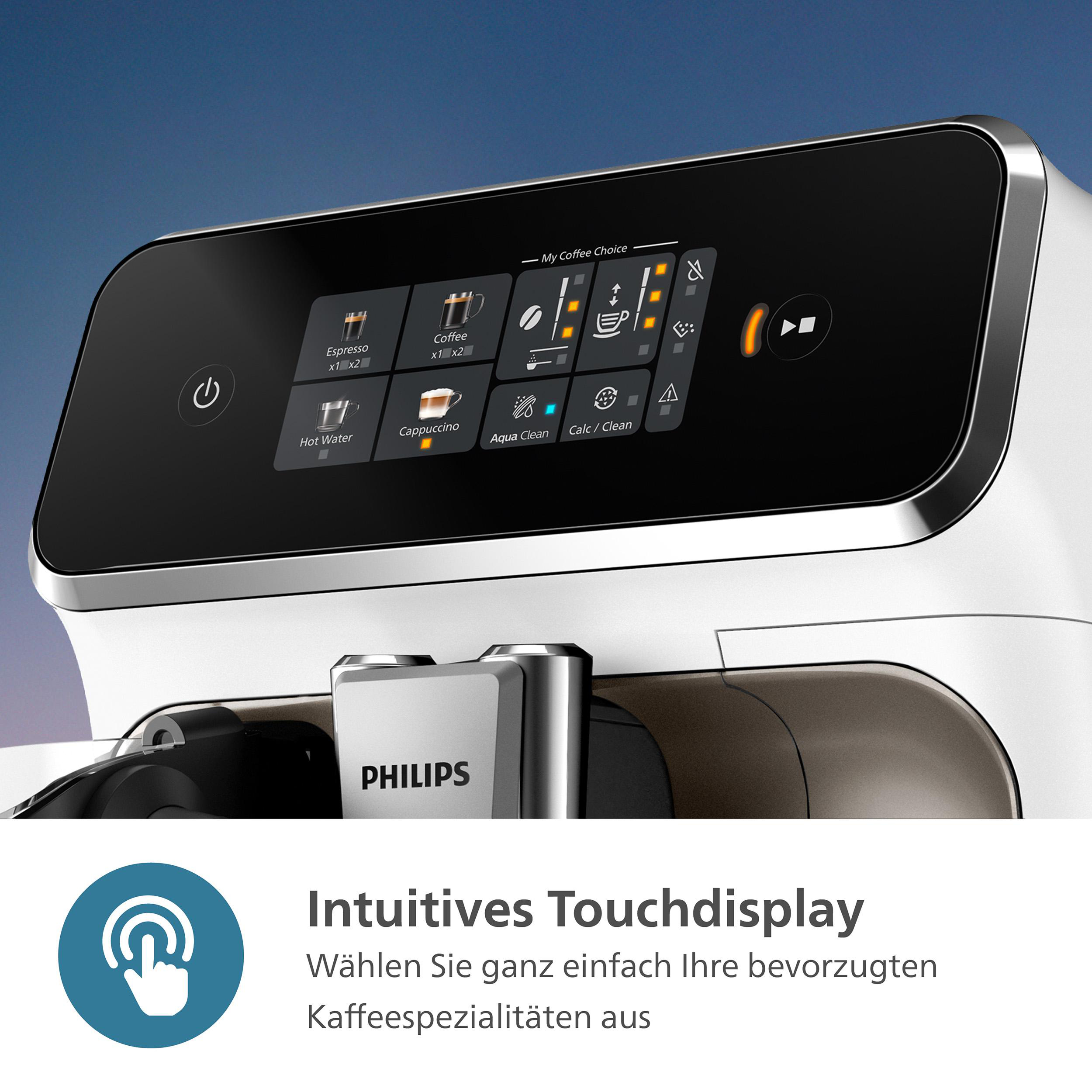 Kaffeemaschine mit Touchscreen. Weiße und schwarze Farben. Espresso-, Kaffee-, Cappuccino-Optionen.