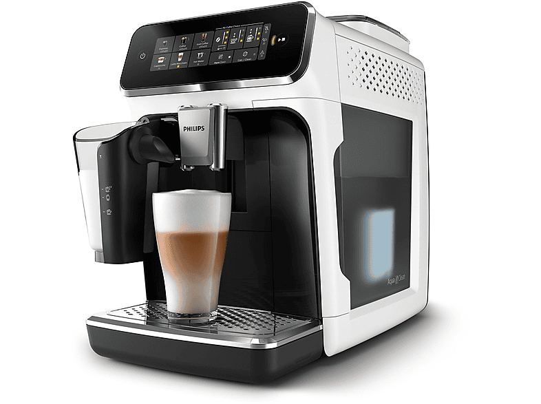 PHILIPS EP3343/50 Serie 3300 LatteGo 5 Kaffeespezialitäten Kaffeevollautomat Weiss, Klavierlack-Schwarze Arena, Edelstahl Abtropfschale