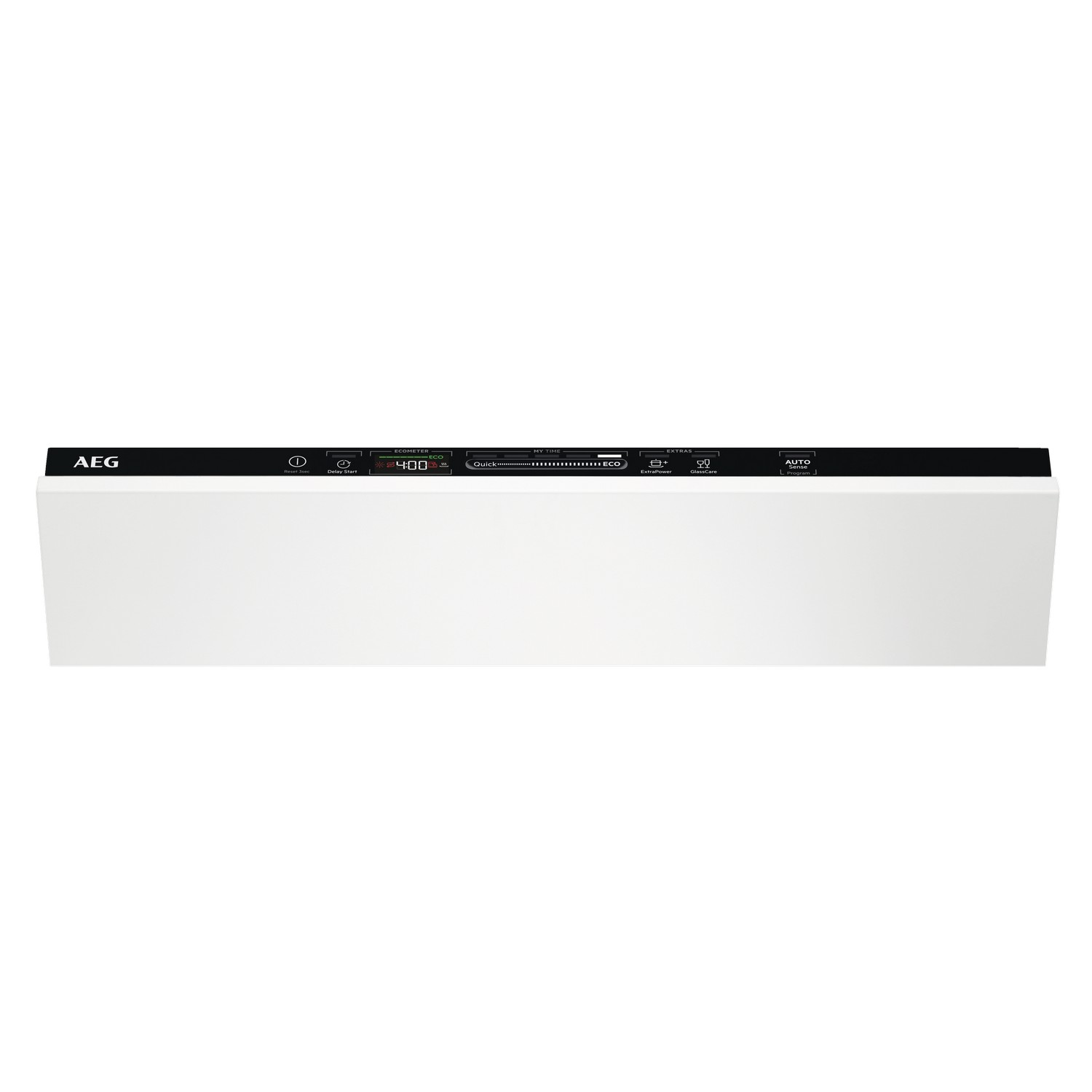 A white AEG dishwasher control panel with buttons and a digital display.