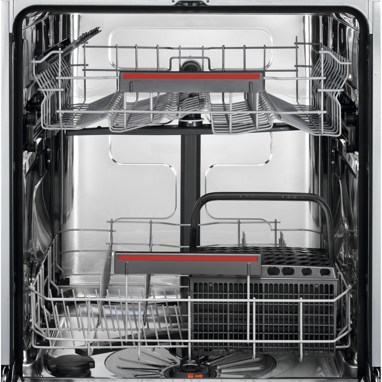 Open dishwasher interior.  Racks and baskets hold utensils.  Silver interior with red accent bars.