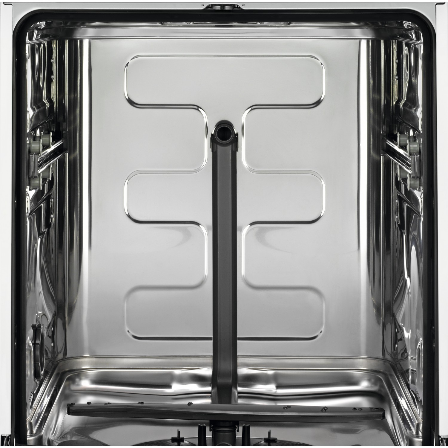 Interior of a stainless steel dishwasher. A central arm and racks are visible.
